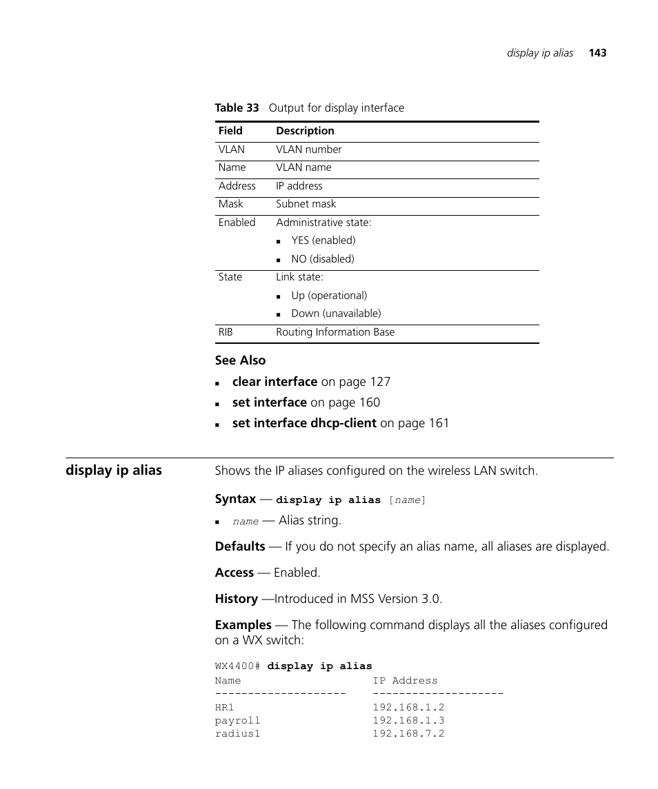 Display ip alias | 3Com Wireless LAN WX1200 User Manual | Page 143 / 646