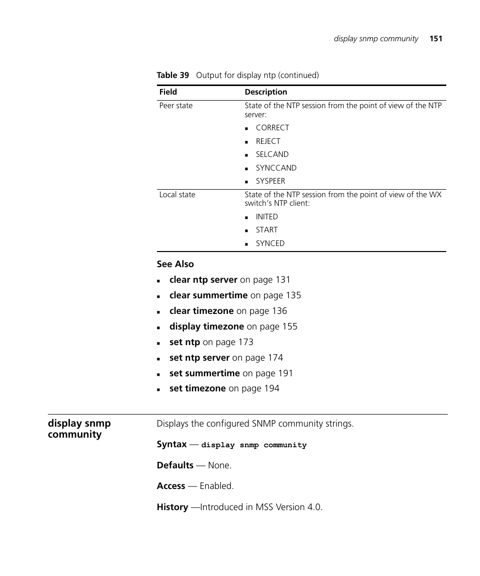 Display snmp community, See also, Clear ntp server on page 131 | Clear summertime on page 135, Clear timezone on page 136, Display timezone on page 155, Set ntp on page 173, Set ntp server on page 174, Set summertime on page 191, Set timezone on page 194 | 3Com Wireless LAN WX1200 User Manual | Page 151 / 646