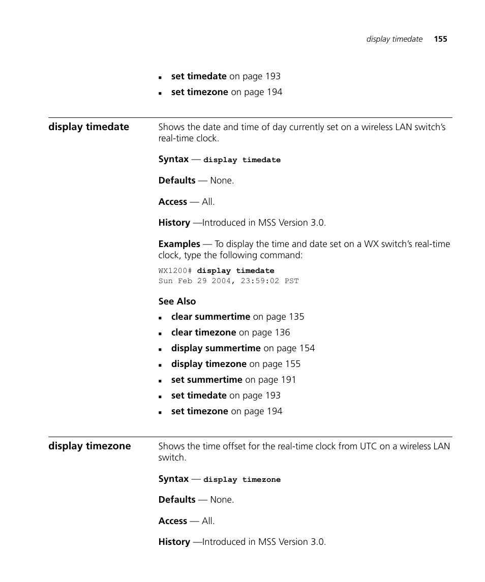 Display timedate, Display timezone | 3Com Wireless LAN WX1200 User Manual | Page 155 / 646