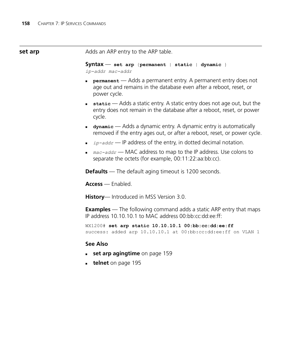 Set arp | 3Com Wireless LAN WX1200 User Manual | Page 158 / 646