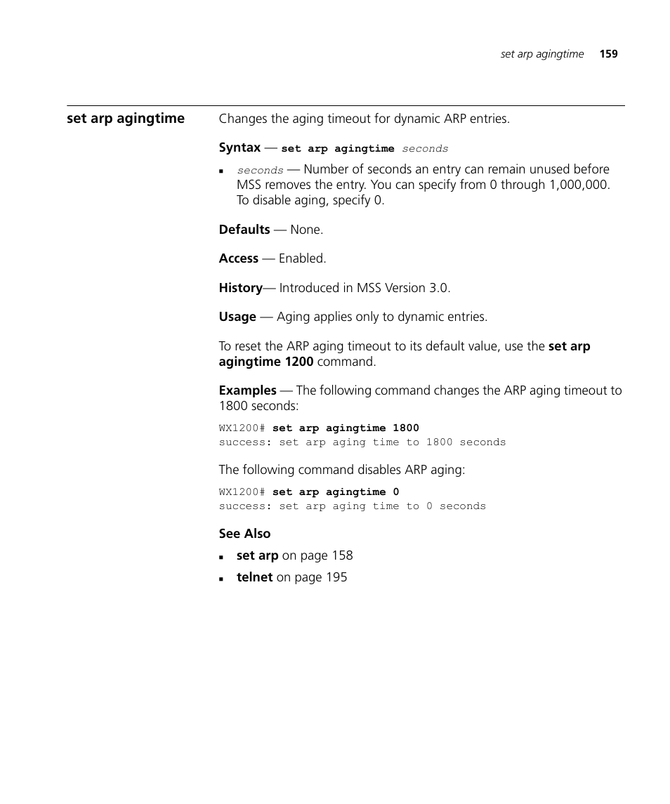 Set arp agingtime | 3Com Wireless LAN WX1200 User Manual | Page 159 / 646