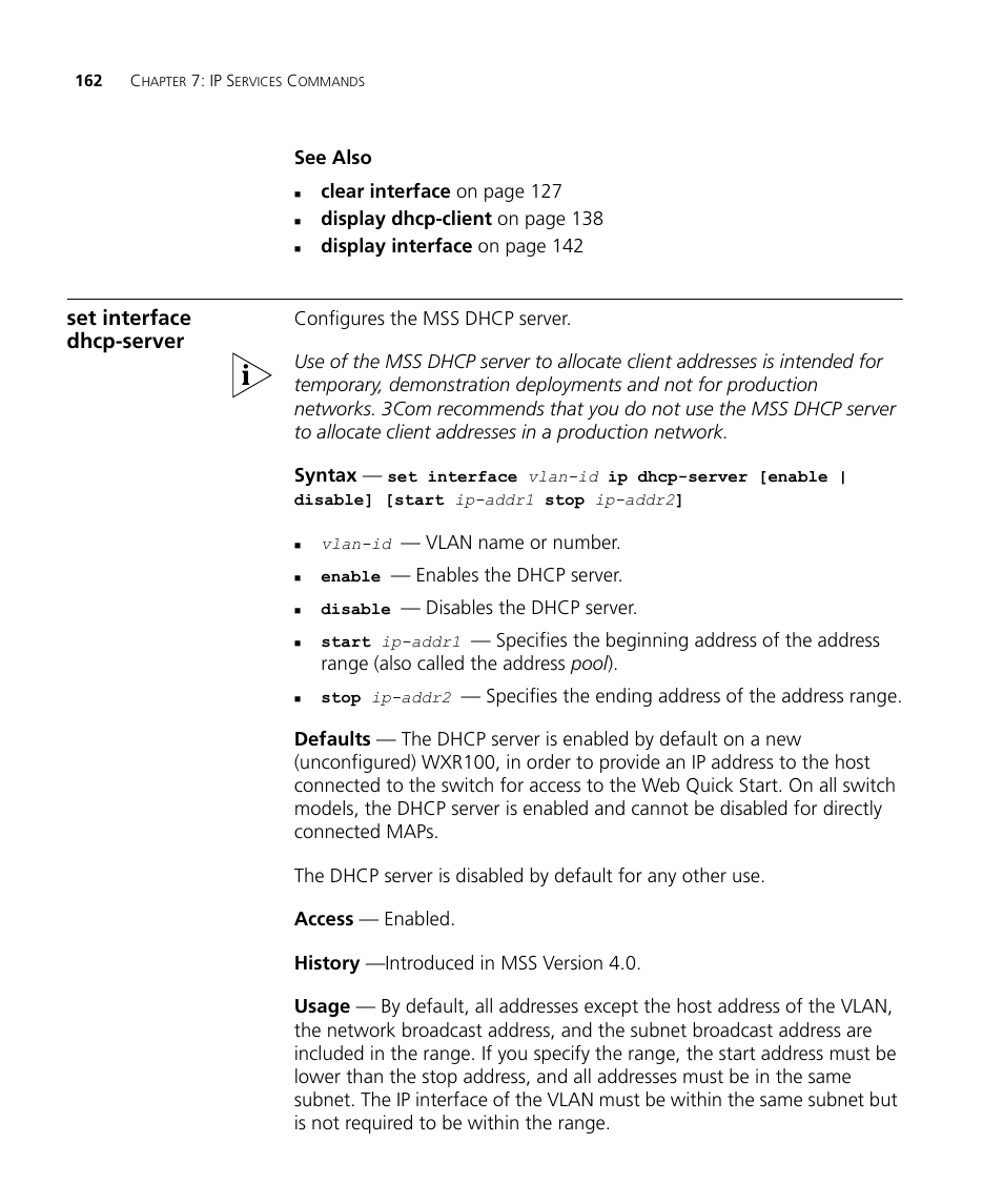 Set interface dhcp-server | 3Com Wireless LAN WX1200 User Manual | Page 162 / 646