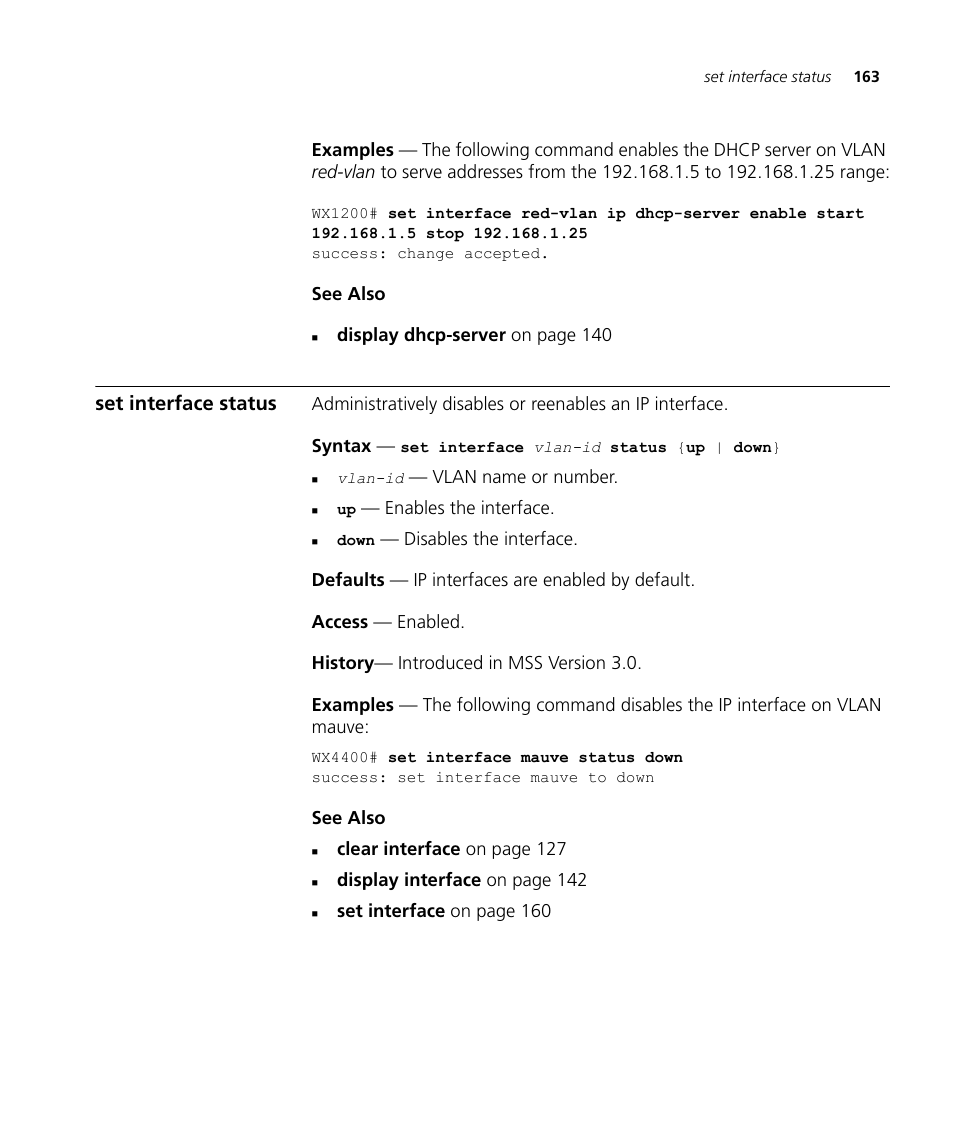 Set interface status | 3Com Wireless LAN WX1200 User Manual | Page 163 / 646
