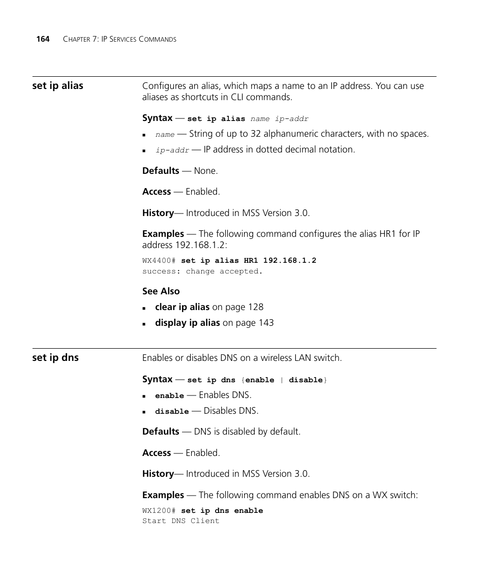 Set ip alias, Set ip dns | 3Com Wireless LAN WX1200 User Manual | Page 164 / 646