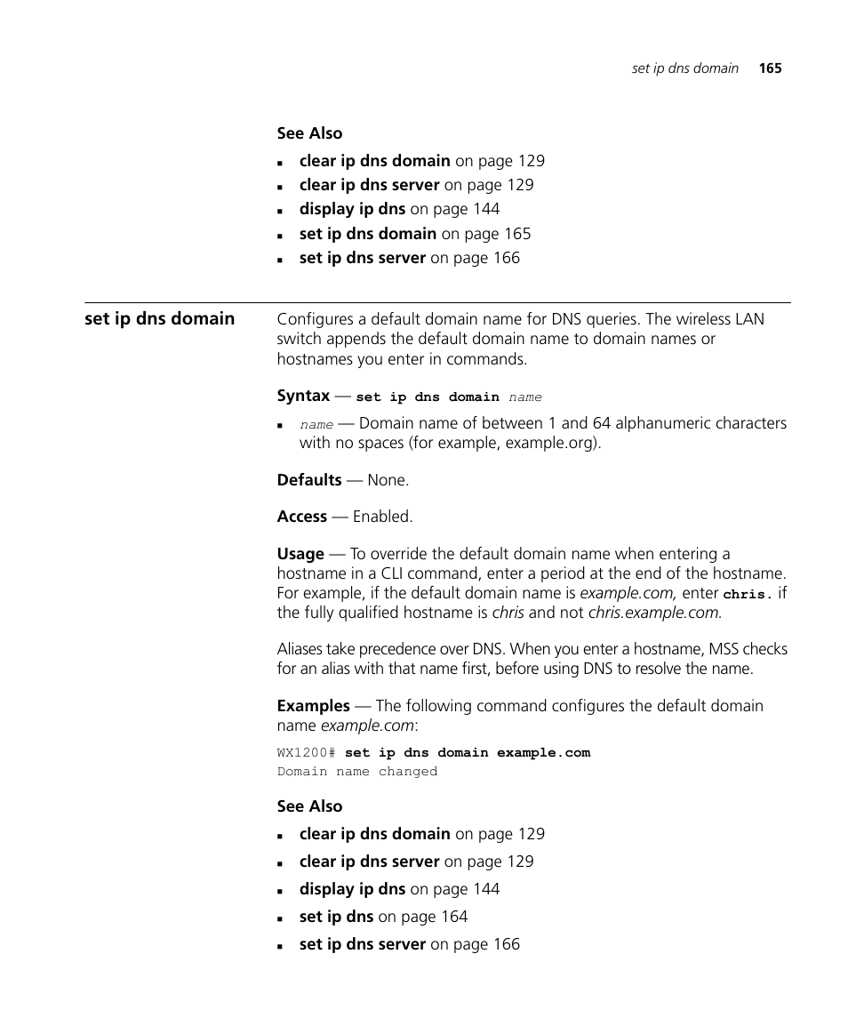 Set ip dns domain | 3Com Wireless LAN WX1200 User Manual | Page 165 / 646