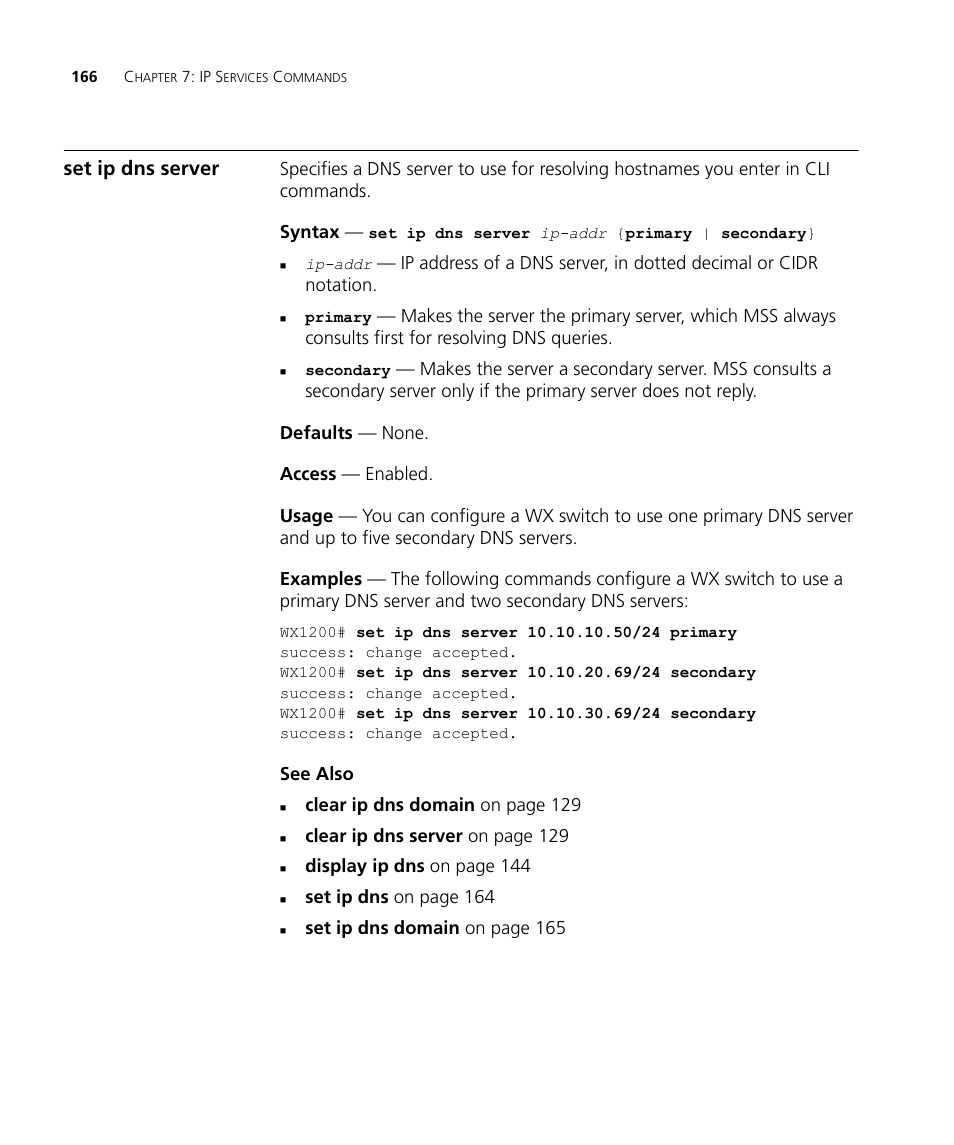Set ip dns server | 3Com Wireless LAN WX1200 User Manual | Page 166 / 646