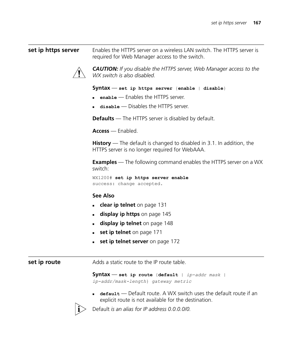 Set ip https server, Set ip route | 3Com Wireless LAN WX1200 User Manual | Page 167 / 646