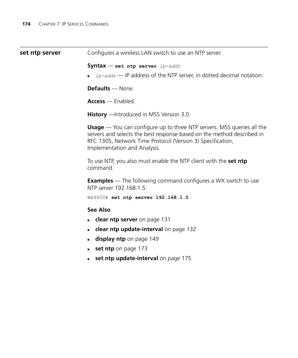 Set ntp server | 3Com Wireless LAN WX1200 User Manual | Page 174 / 646