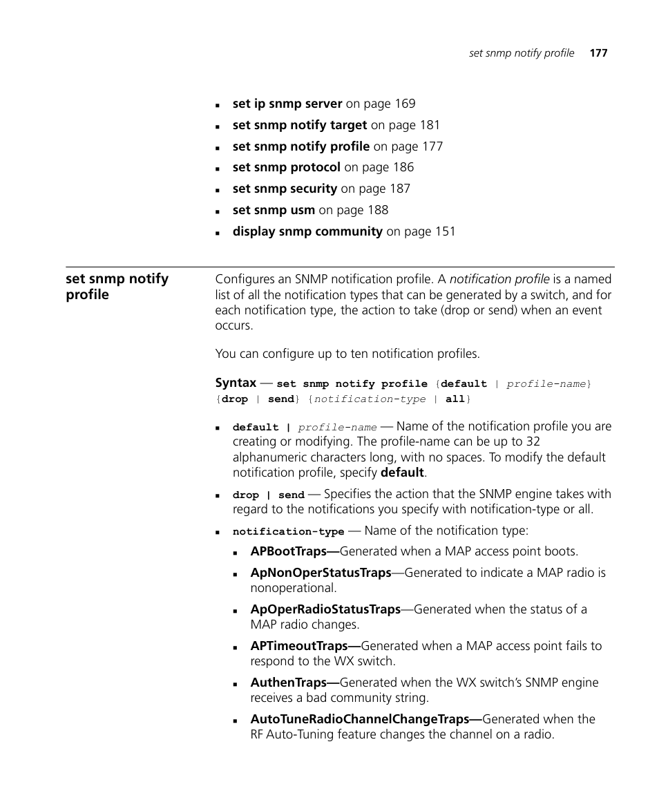 Set snmp notify profile, Set ip snmp server on page 169, Set snmp notify target on page 181 | Set snmp notify profile on page 177, Set snmp protocol on page 186, Set snmp security on page 187, Set snmp usm on page 188, Display snmp community on page 151, Name of the notification type | 3Com Wireless LAN WX1200 User Manual | Page 177 / 646