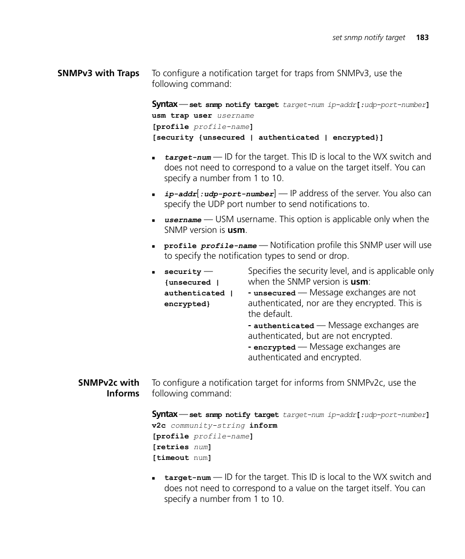 Snmpv3 with traps, Snmpv2c with informs | 3Com Wireless LAN WX1200 User Manual | Page 183 / 646