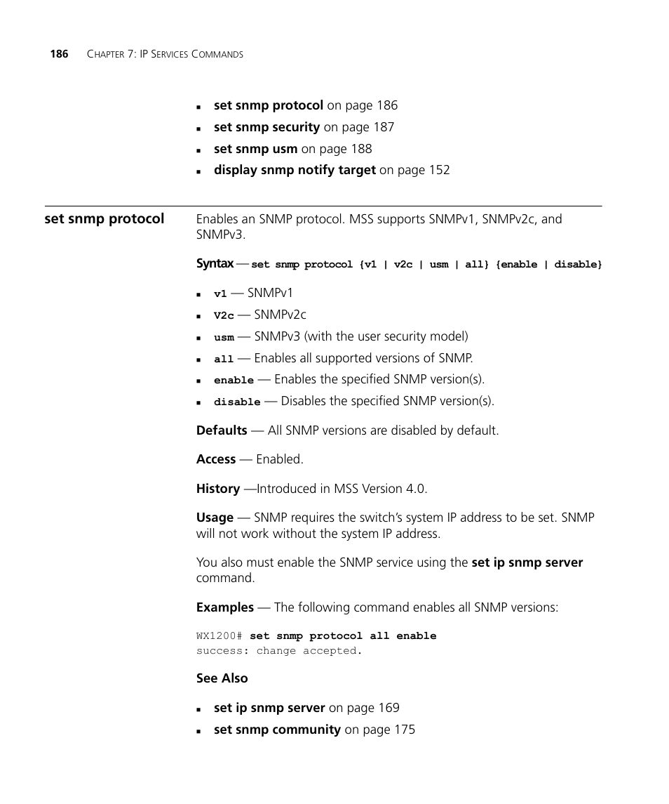 Set snmp protocol, Set snmp protocol on page 186, Set snmp security on page 187 | Set snmp usm on page 188, Display snmp notify target on page 152, Snmpv1, Snmpv2c, Snmpv3 (with the user security model), Enables all supported versions of snmp, Enables the specified snmp version(s) | 3Com Wireless LAN WX1200 User Manual | Page 186 / 646