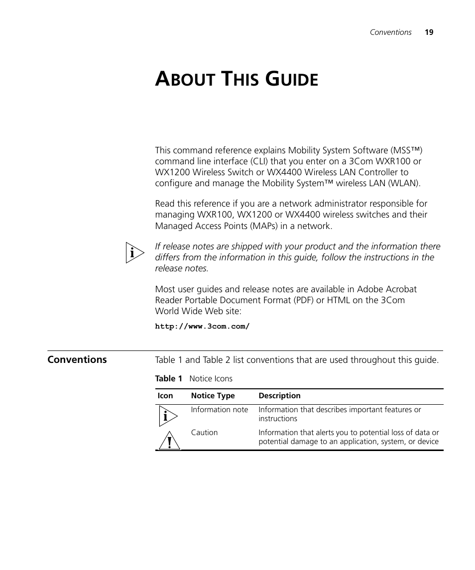 About this guide, Conventions, Bout | Uide | 3Com Wireless LAN WX1200 User Manual | Page 19 / 646