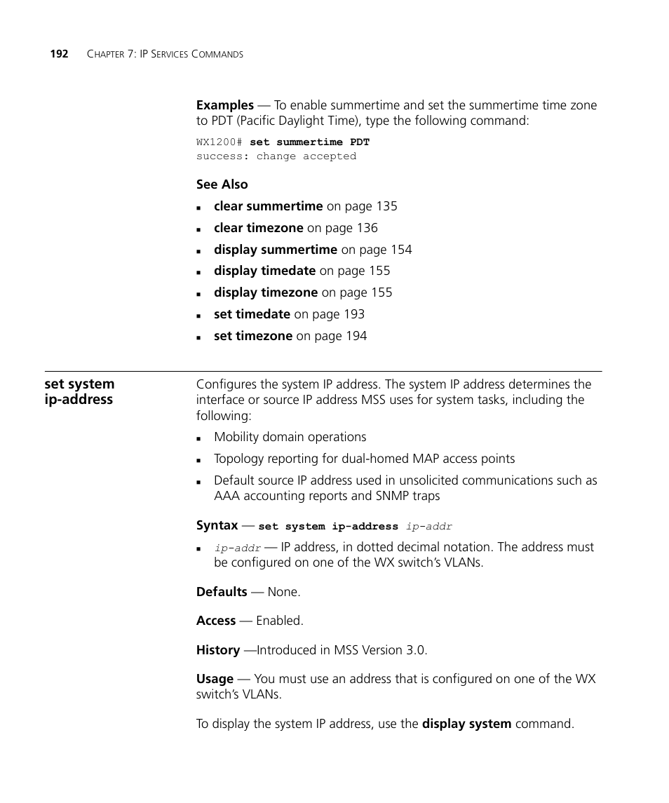 Set system ip-address | 3Com Wireless LAN WX1200 User Manual | Page 192 / 646