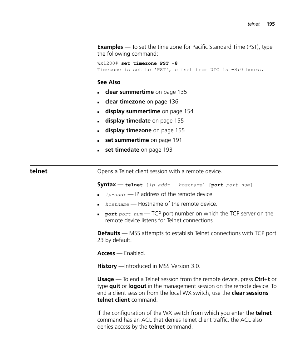 Telnet | 3Com Wireless LAN WX1200 User Manual | Page 195 / 646