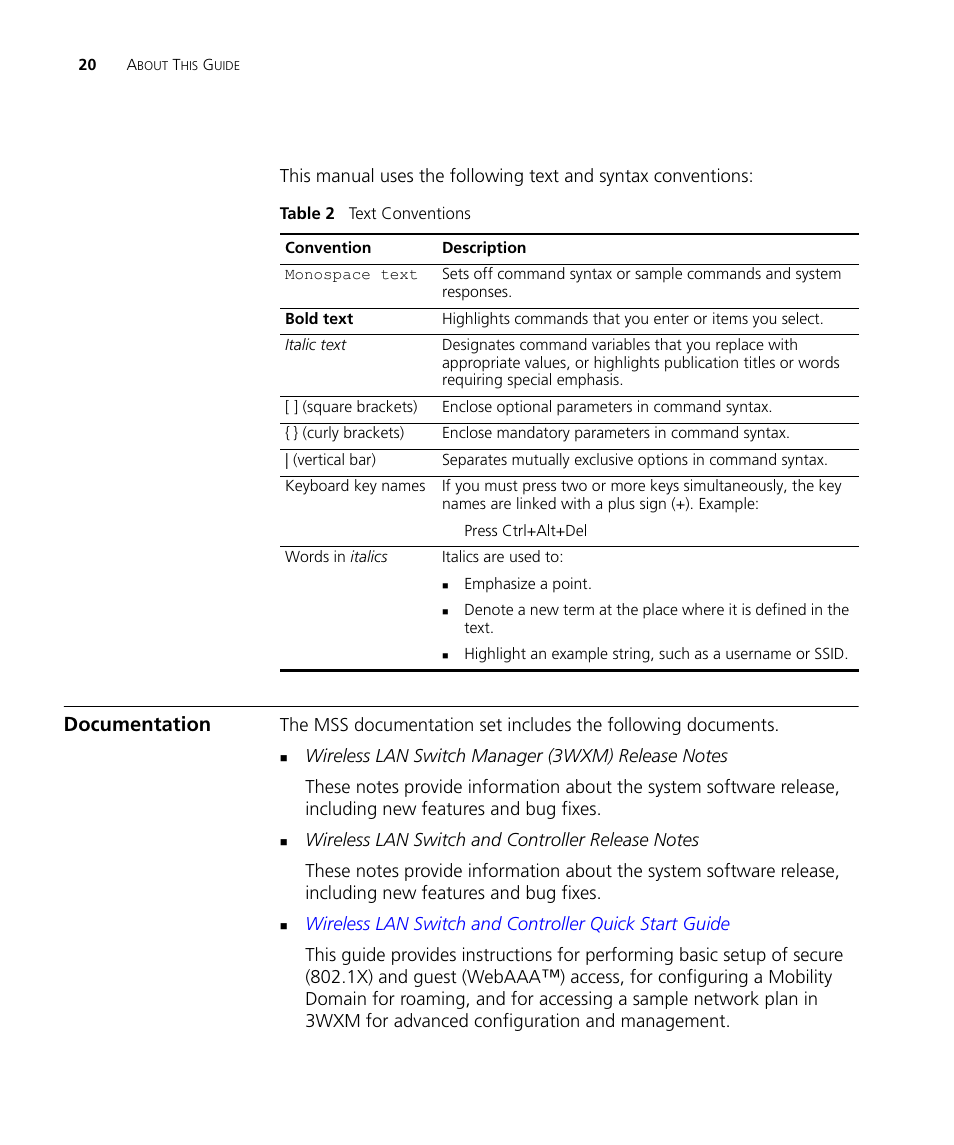 Documentation | 3Com Wireless LAN WX1200 User Manual | Page 20 / 646