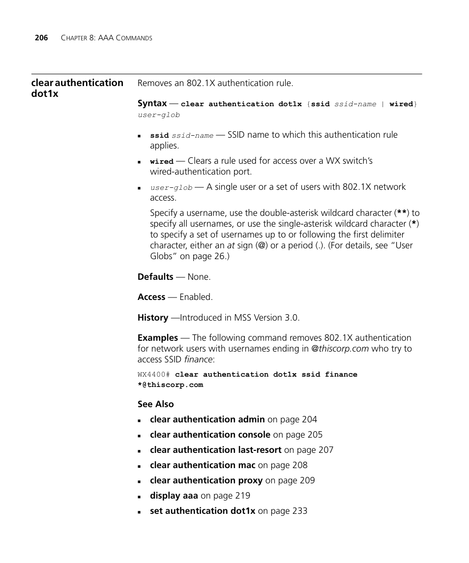 Clear authentication dot1x | 3Com Wireless LAN WX1200 User Manual | Page 206 / 646