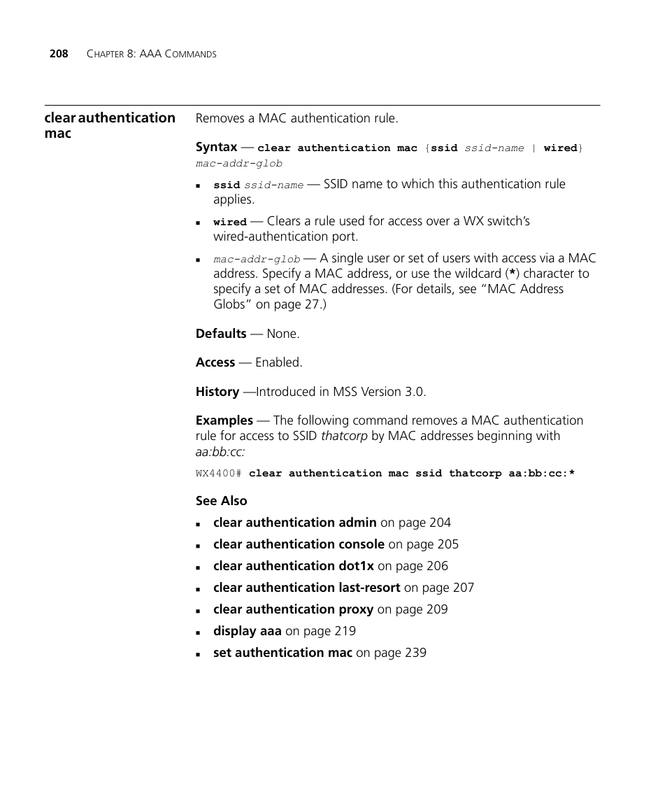 Clear authentication mac | 3Com Wireless LAN WX1200 User Manual | Page 208 / 646