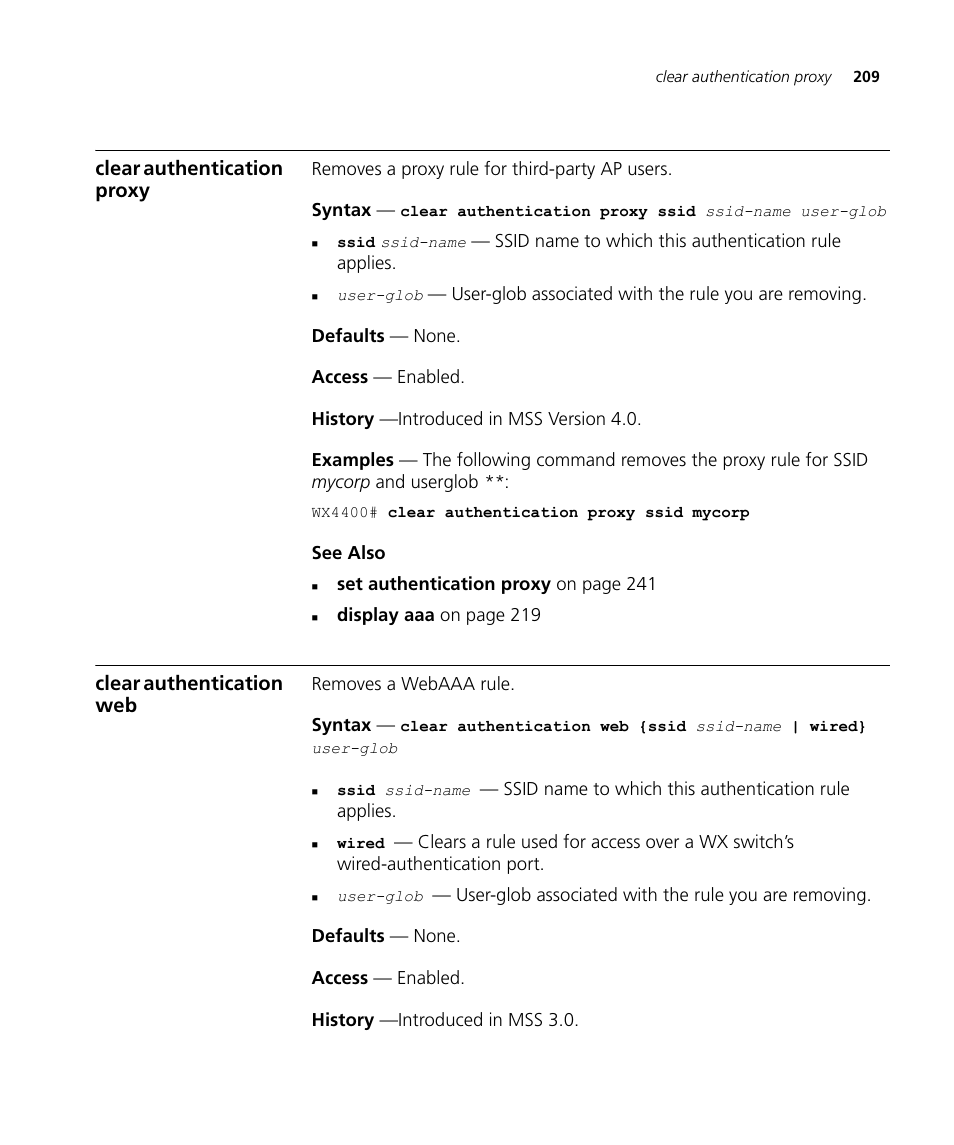 Clear authentication proxy, Clear authentication web | 3Com Wireless LAN WX1200 User Manual | Page 209 / 646