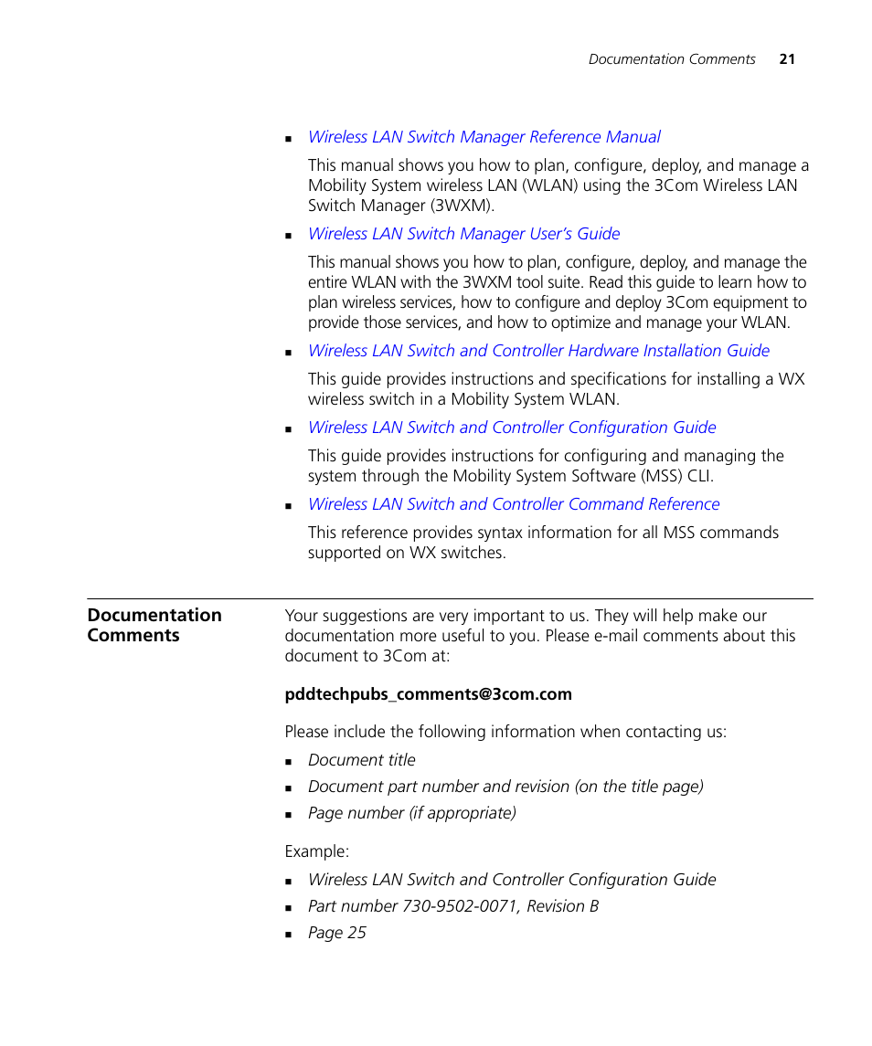 Documentation comments | 3Com Wireless LAN WX1200 User Manual | Page 21 / 646
