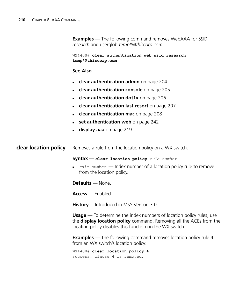 Clear location policy | 3Com Wireless LAN WX1200 User Manual | Page 210 / 646