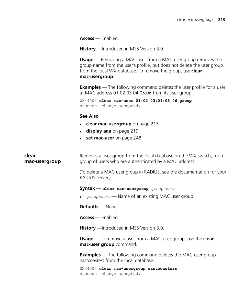Clear mac-usergroup | 3Com Wireless LAN WX1200 User Manual | Page 213 / 646