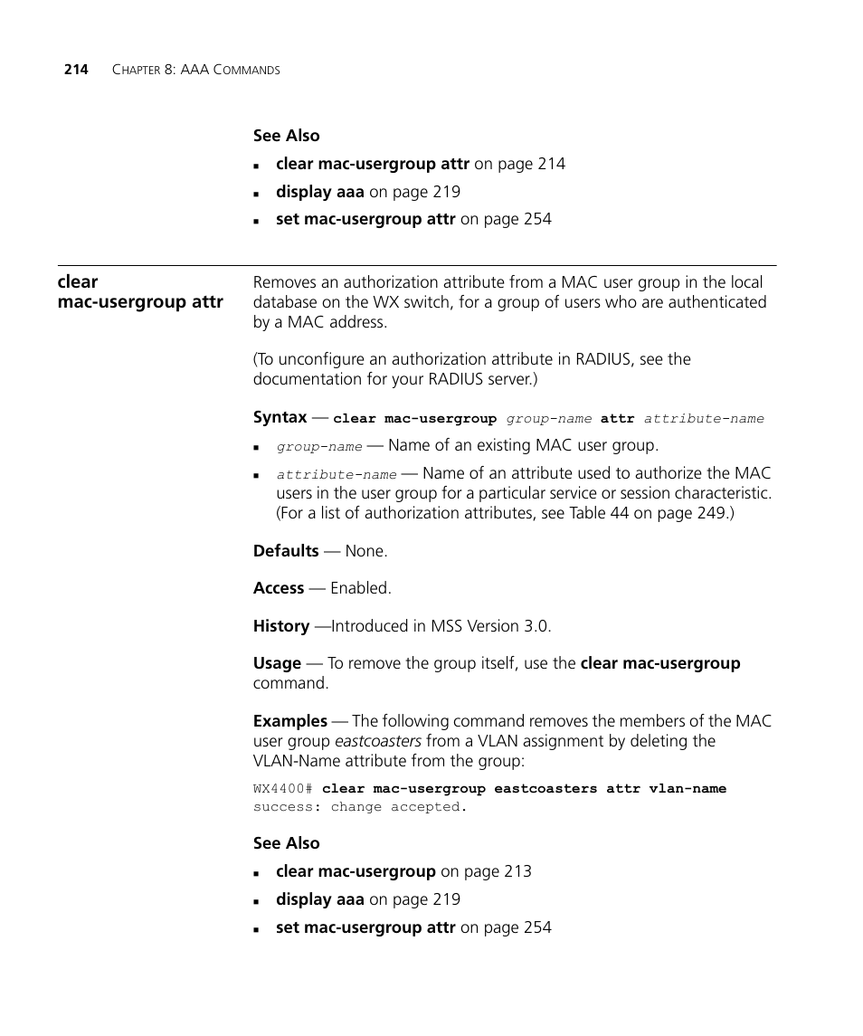 Clear mac-usergroup attr | 3Com Wireless LAN WX1200 User Manual | Page 214 / 646