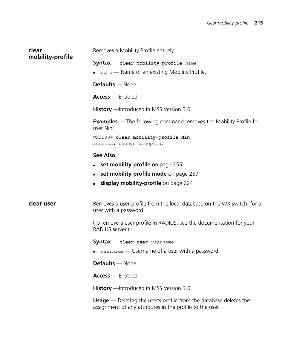 Clear mobility-profile, Clear user | 3Com Wireless LAN WX1200 User Manual | Page 215 / 646