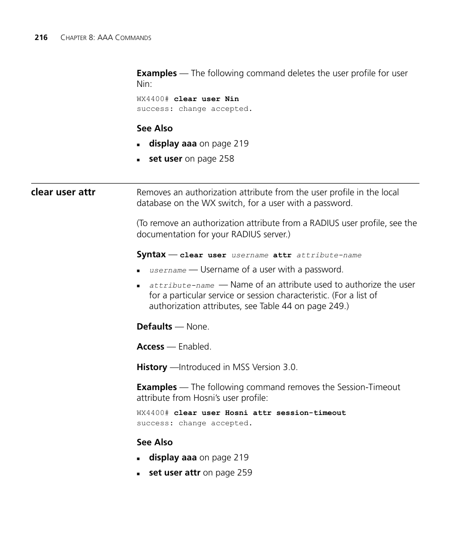 Clear user attr | 3Com Wireless LAN WX1200 User Manual | Page 216 / 646