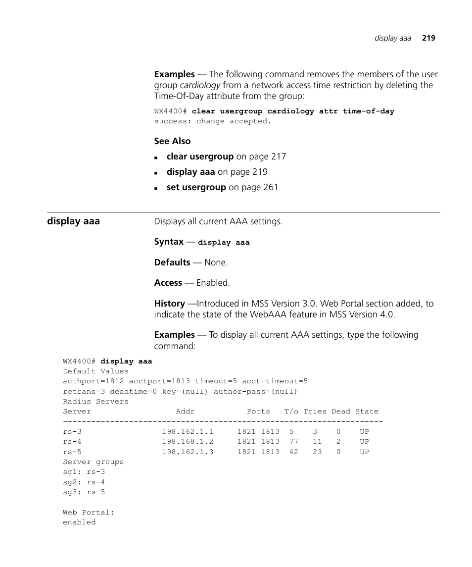 Display aaa | 3Com Wireless LAN WX1200 User Manual | Page 219 / 646