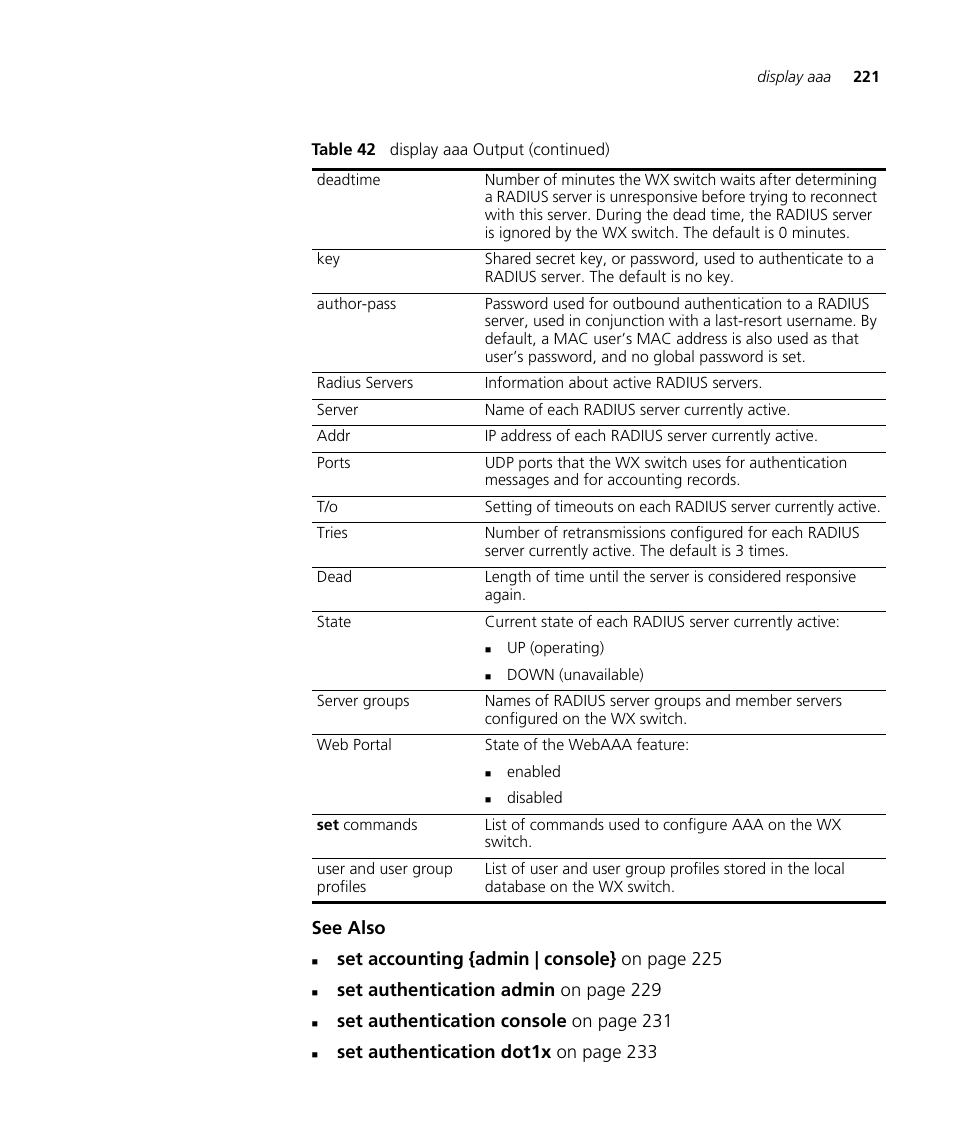 See also, Set accounting {admin | console} on page 225, Set authentication admin on page 229 | Set authentication console on page 231, Set authentication dot1x on page 233 | 3Com Wireless LAN WX1200 User Manual | Page 221 / 646