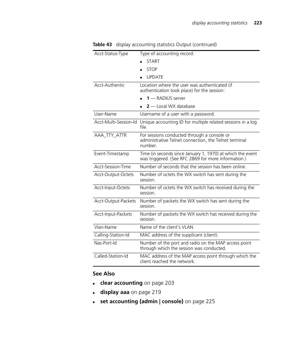 See also, Clear accounting on page 203, Display aaa on page 219 | Set accounting {admin | console} on page 225 | 3Com Wireless LAN WX1200 User Manual | Page 223 / 646