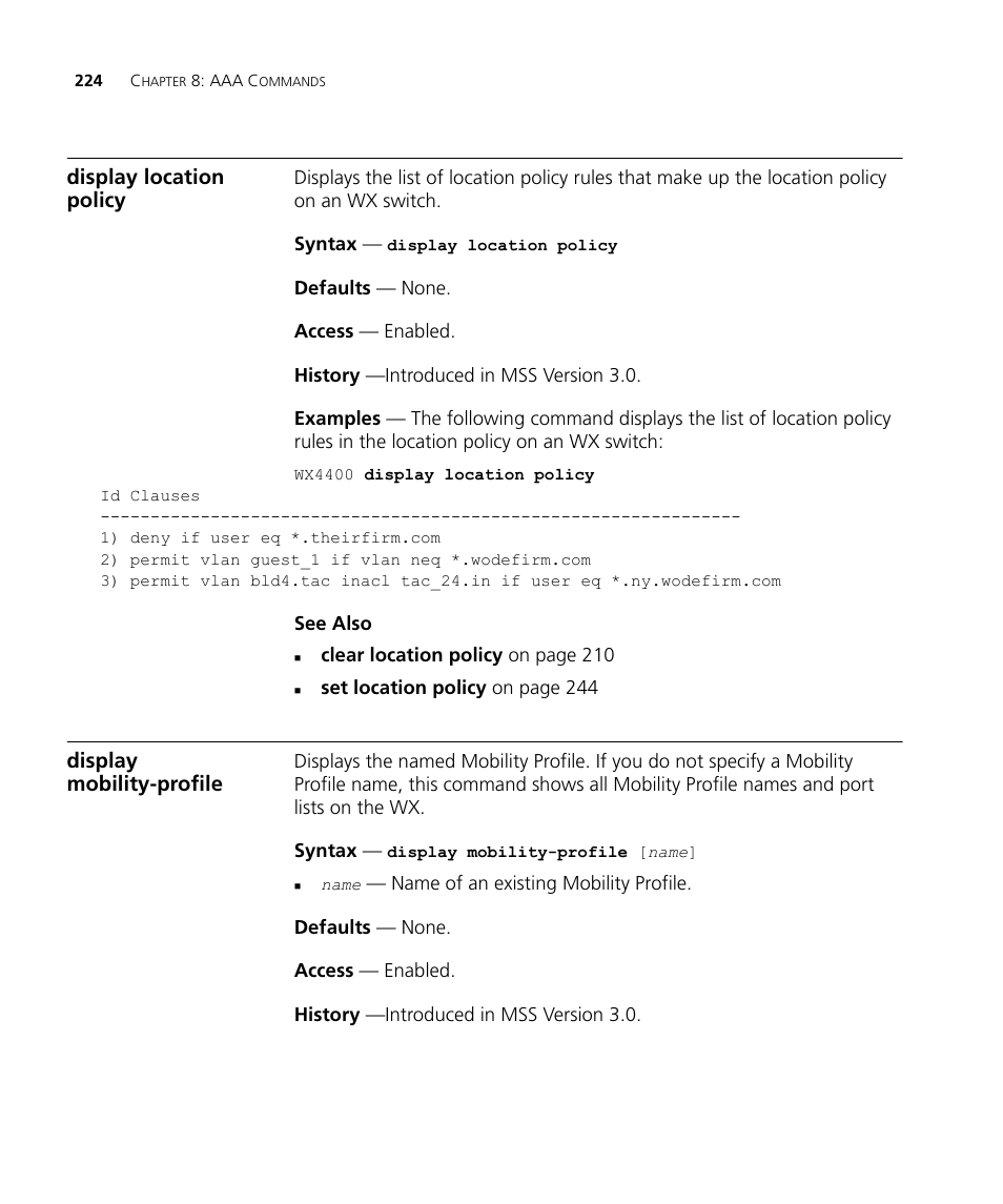 Display location policy, Display mobility-profile | 3Com Wireless LAN WX1200 User Manual | Page 224 / 646