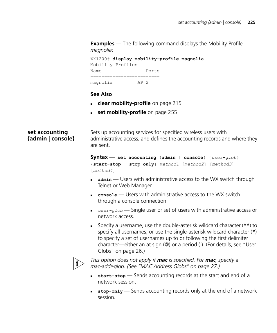 Set accounting {admin | console | 3Com Wireless LAN WX1200 User Manual | Page 225 / 646