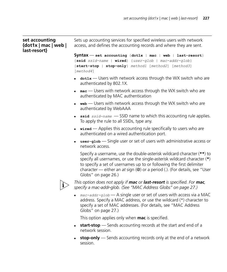 Set accounting {dot1x | mac | web | last-resort | 3Com Wireless LAN WX1200 User Manual | Page 227 / 646