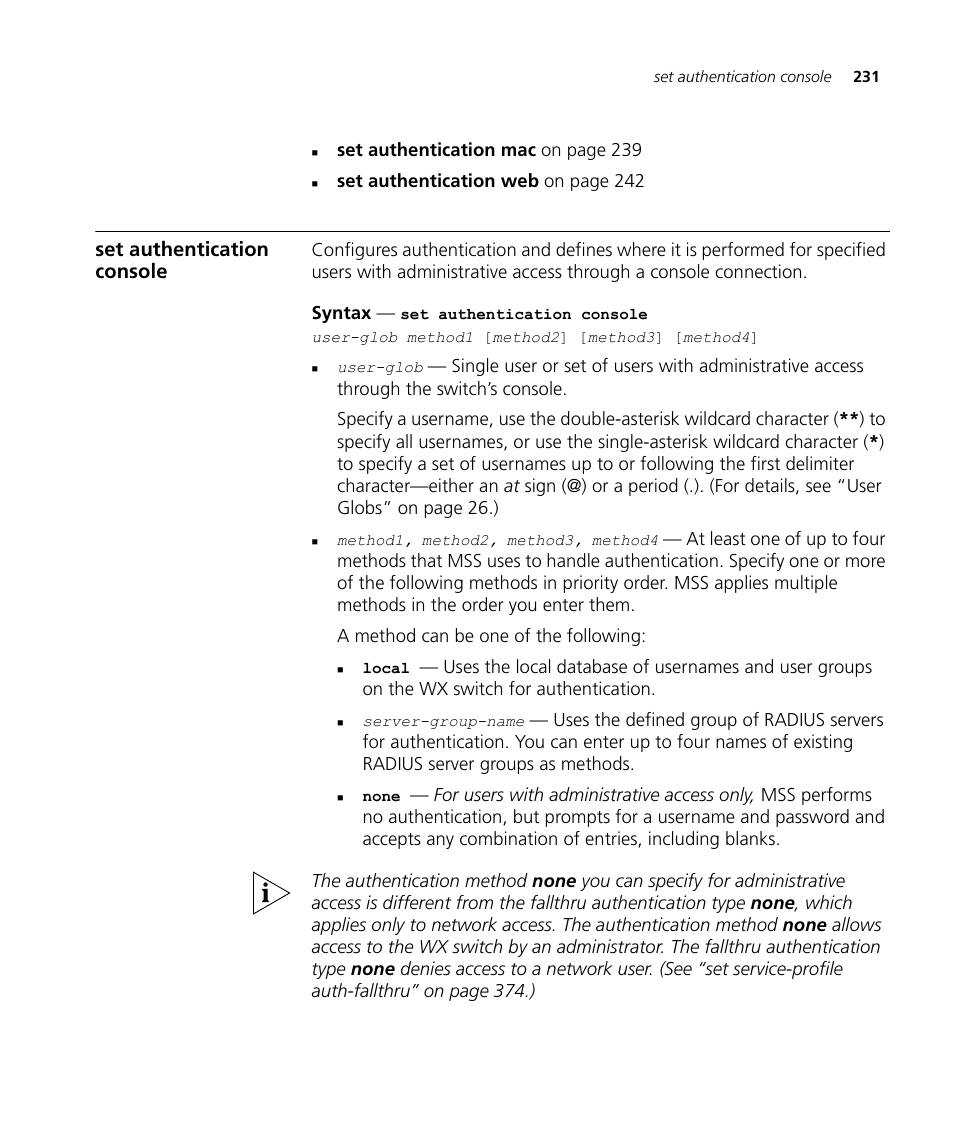 Set authentication console | 3Com Wireless LAN WX1200 User Manual | Page 231 / 646