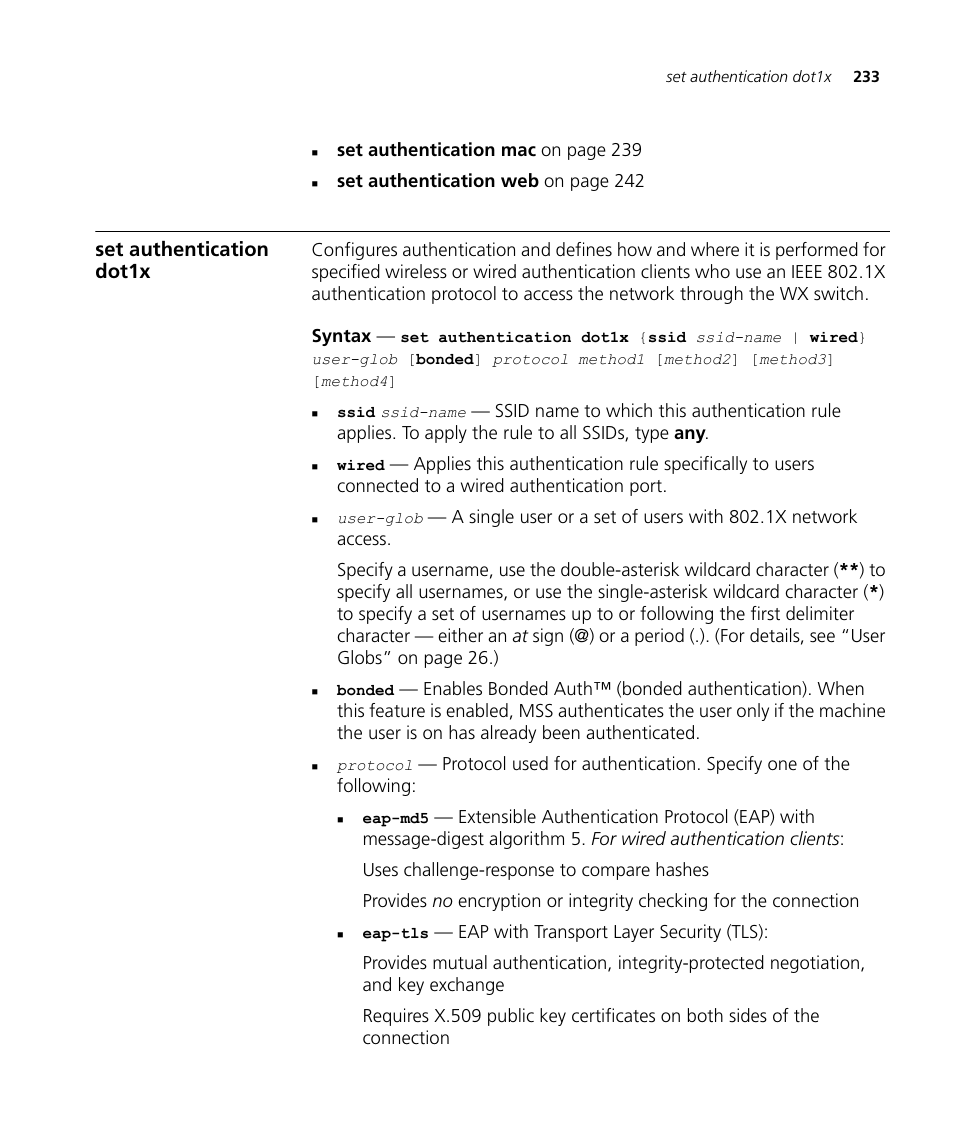 Set authentication dot1x | 3Com Wireless LAN WX1200 User Manual | Page 233 / 646