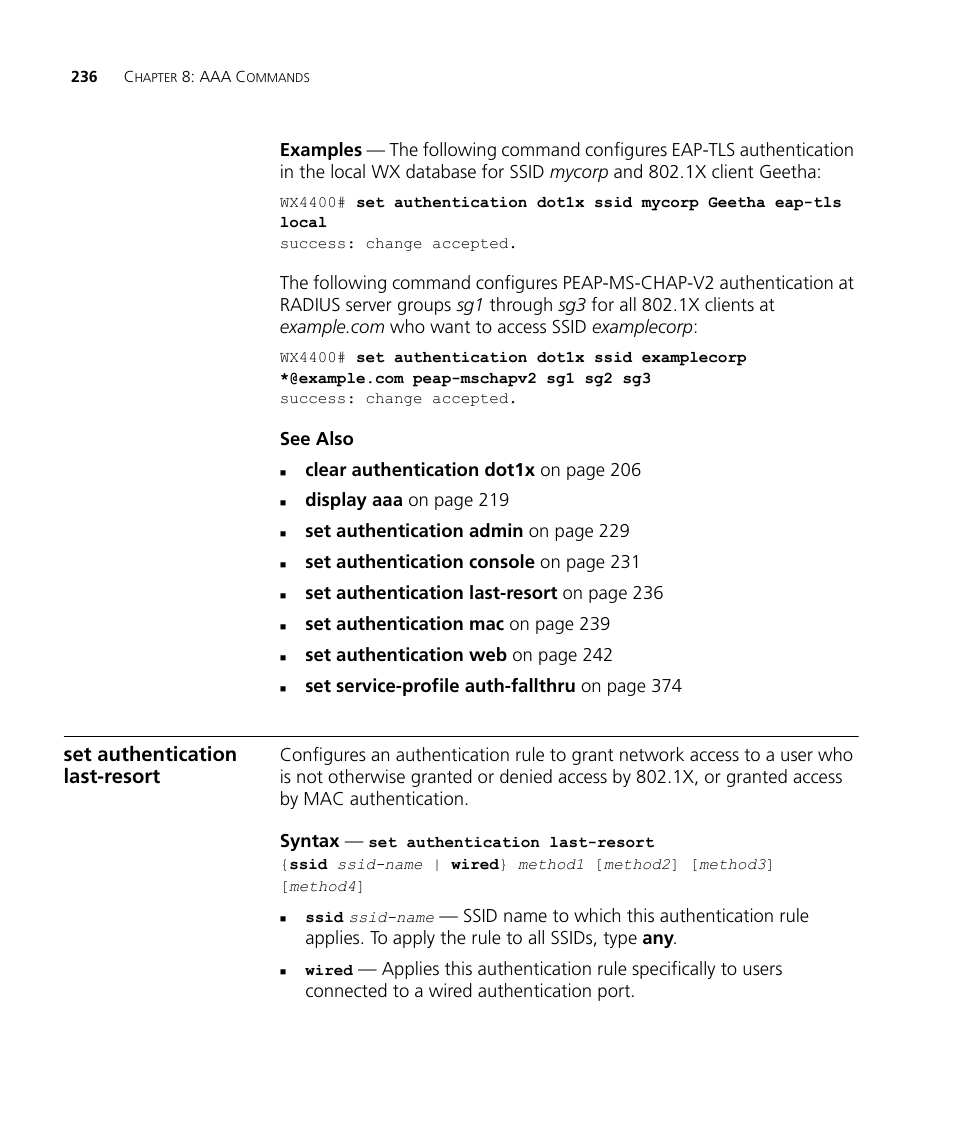 Set authentication last-resort | 3Com Wireless LAN WX1200 User Manual | Page 236 / 646
