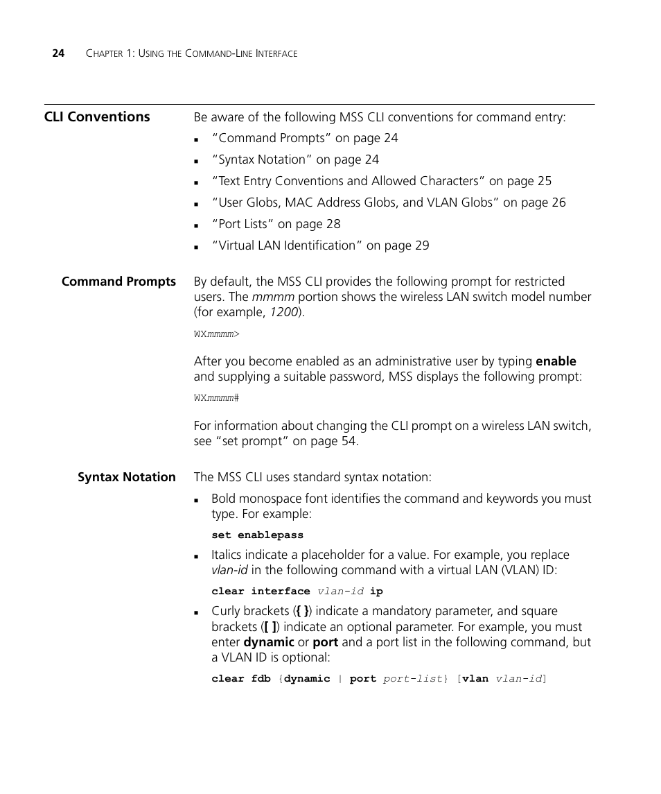 Cli conventions, Command prompts, Syntax notation | Command prompts” on page 24, Syntax notation” on page 24, Port lists” on page 28 | 3Com Wireless LAN WX1200 User Manual | Page 24 / 646