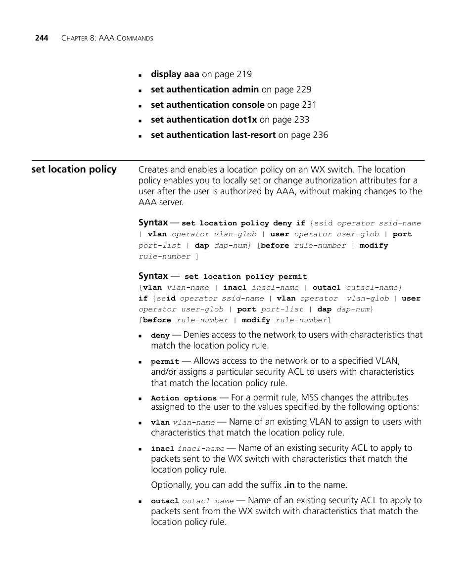Set location policy | 3Com Wireless LAN WX1200 User Manual | Page 244 / 646