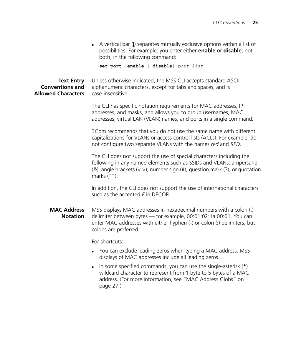 Text entry conventions and allowed characters, Mac address notation | 3Com Wireless LAN WX1200 User Manual | Page 25 / 646