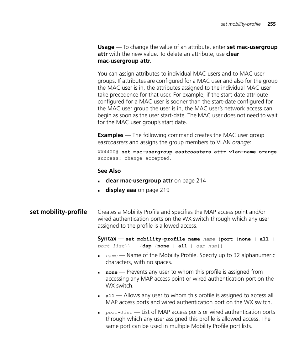 Set mobility-profile | 3Com Wireless LAN WX1200 User Manual | Page 255 / 646