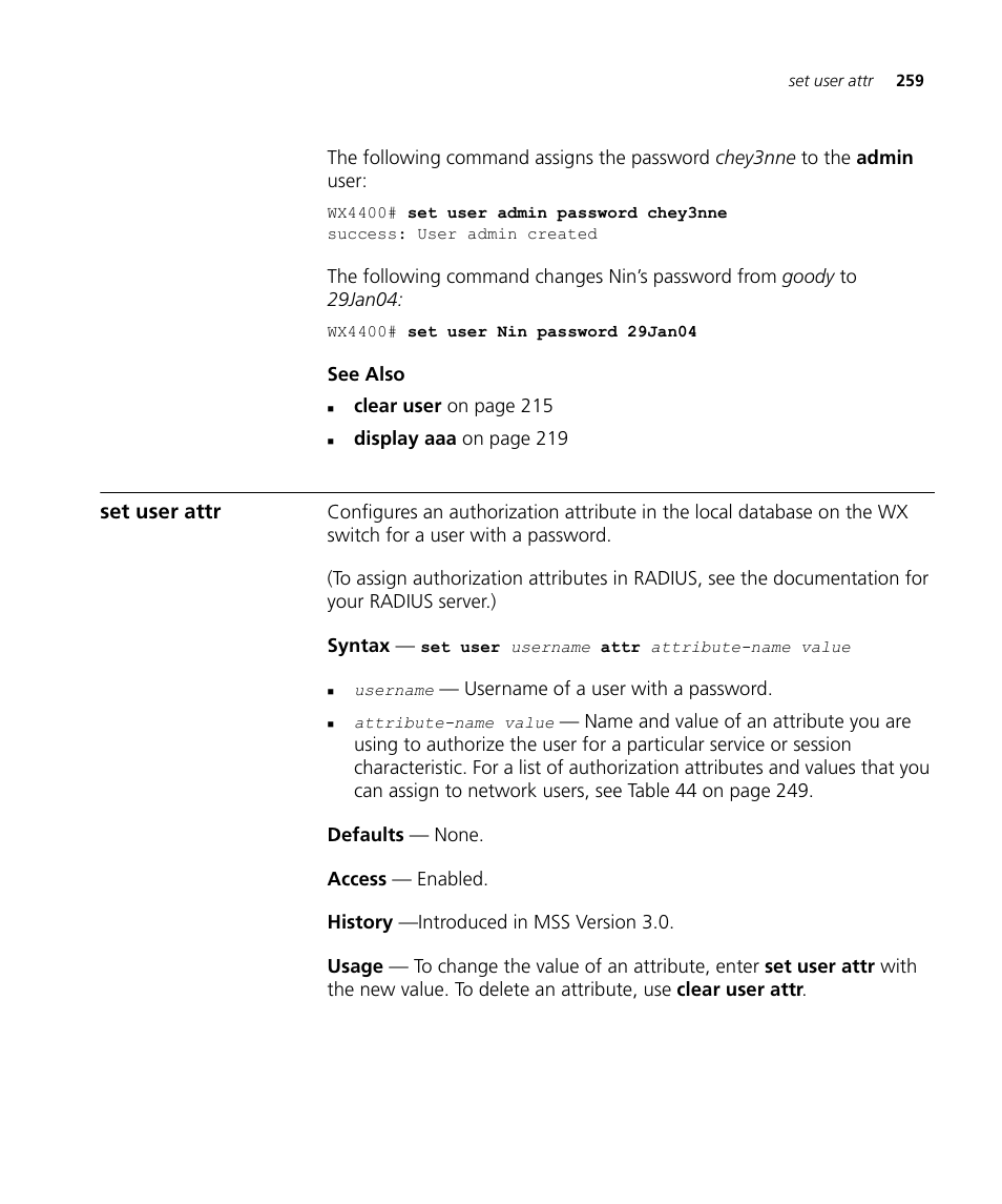 Set user attr | 3Com Wireless LAN WX1200 User Manual | Page 259 / 646