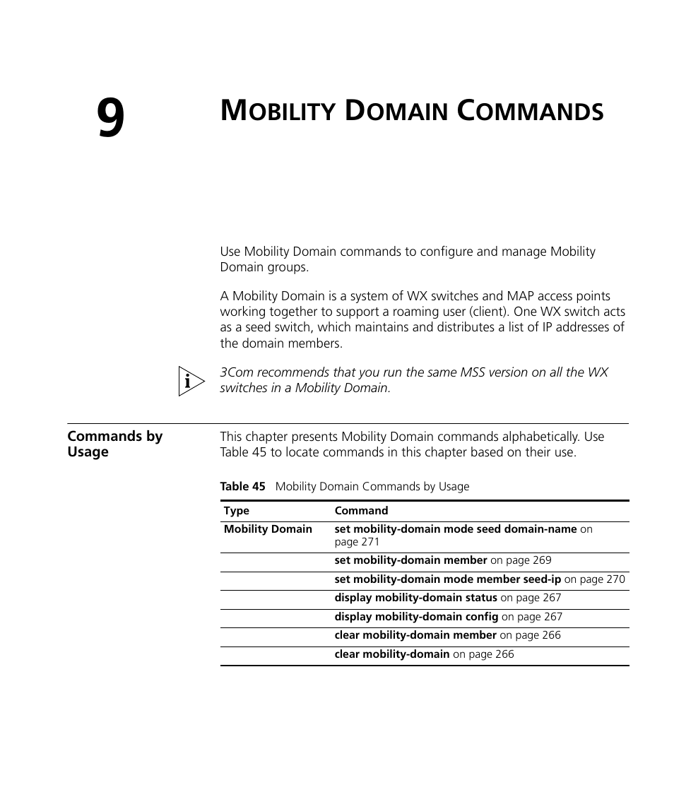 Mobility domain commands, Commands by usage, Obility | Omain, Ommands | 3Com Wireless LAN WX1200 User Manual | Page 265 / 646