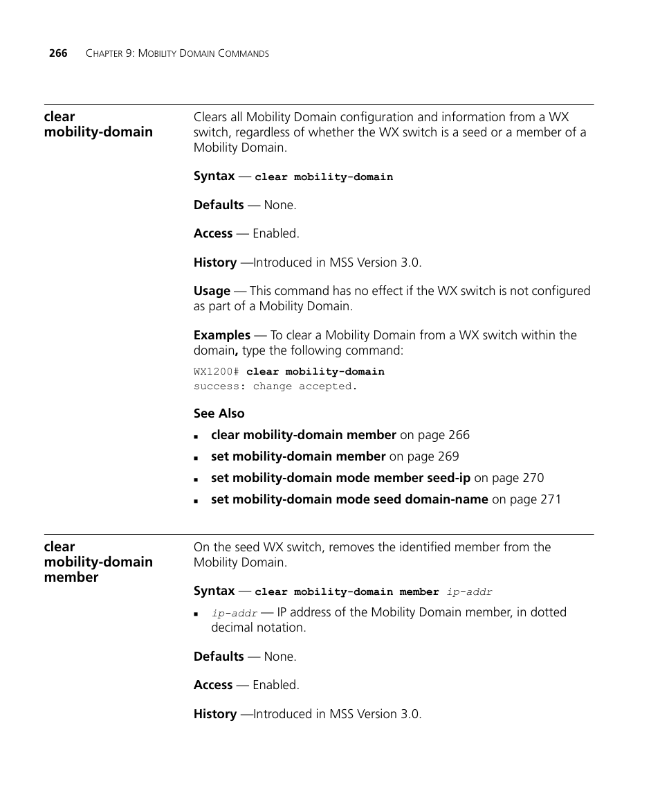 Clear mobility-domain, Clear mobility-domain member | 3Com Wireless LAN WX1200 User Manual | Page 266 / 646