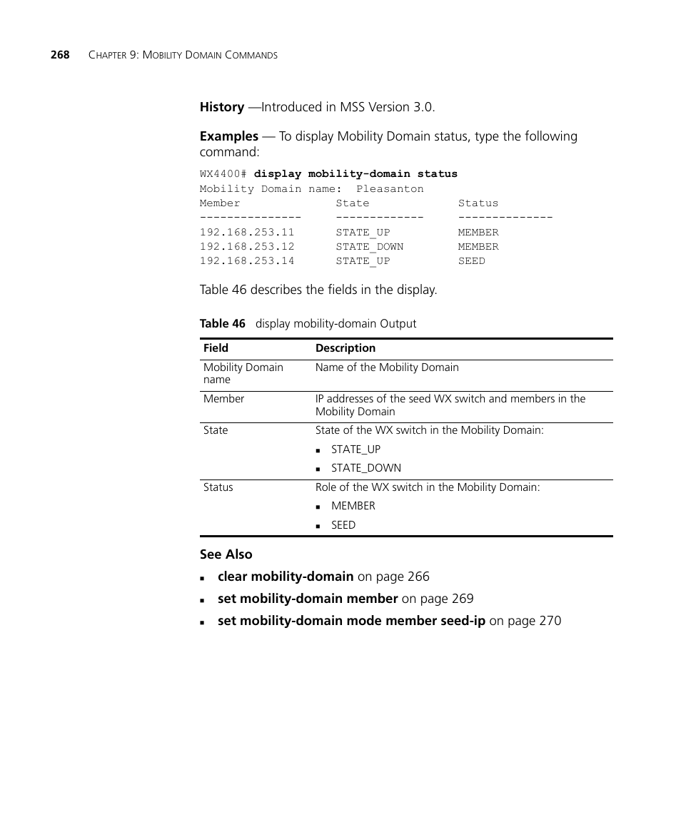 Clear mobility-domain on page 266, Set mobility-domain member on page 269 | 3Com Wireless LAN WX1200 User Manual | Page 268 / 646