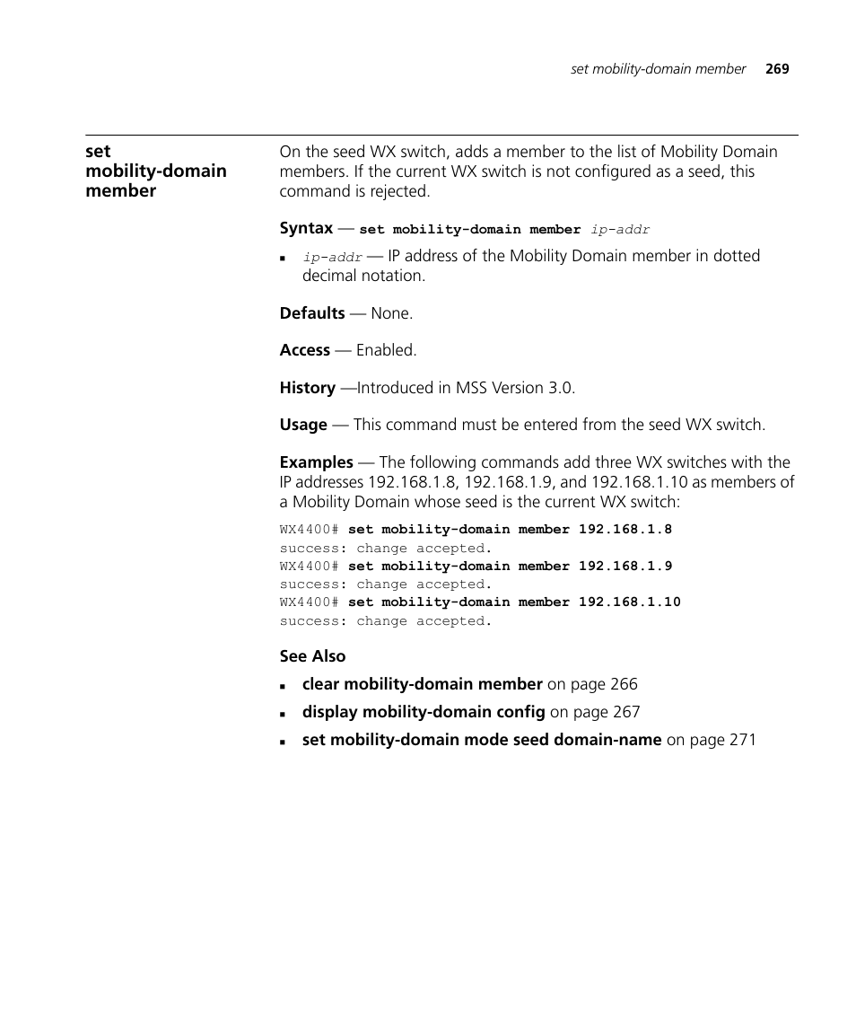 Set mobility-domain member | 3Com Wireless LAN WX1200 User Manual | Page 269 / 646
