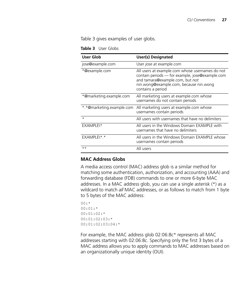 Mac address globs | 3Com Wireless LAN WX1200 User Manual | Page 27 / 646