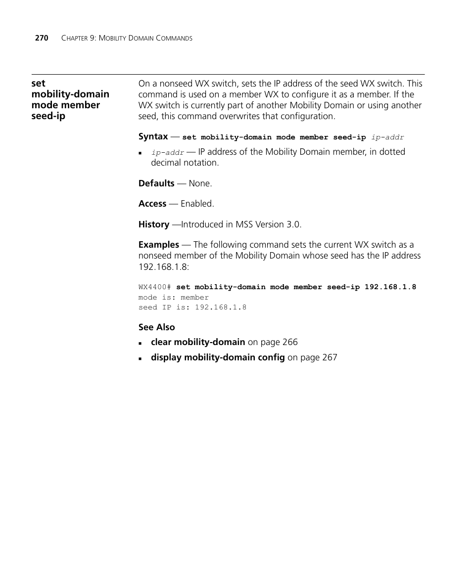 Set mobility-domain mode member seed-ip | 3Com Wireless LAN WX1200 User Manual | Page 270 / 646