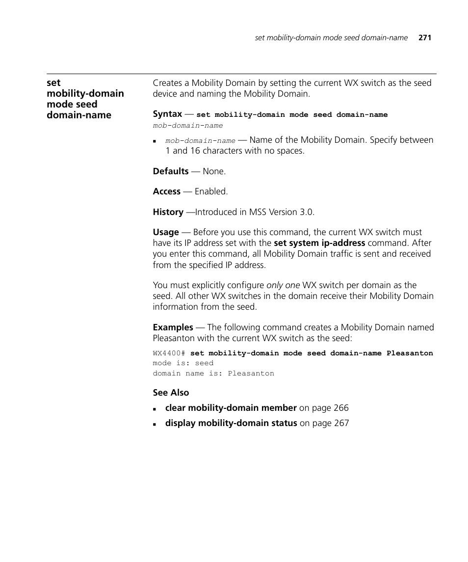 Set mobility-domain mode seed domain-name | 3Com Wireless LAN WX1200 User Manual | Page 271 / 646