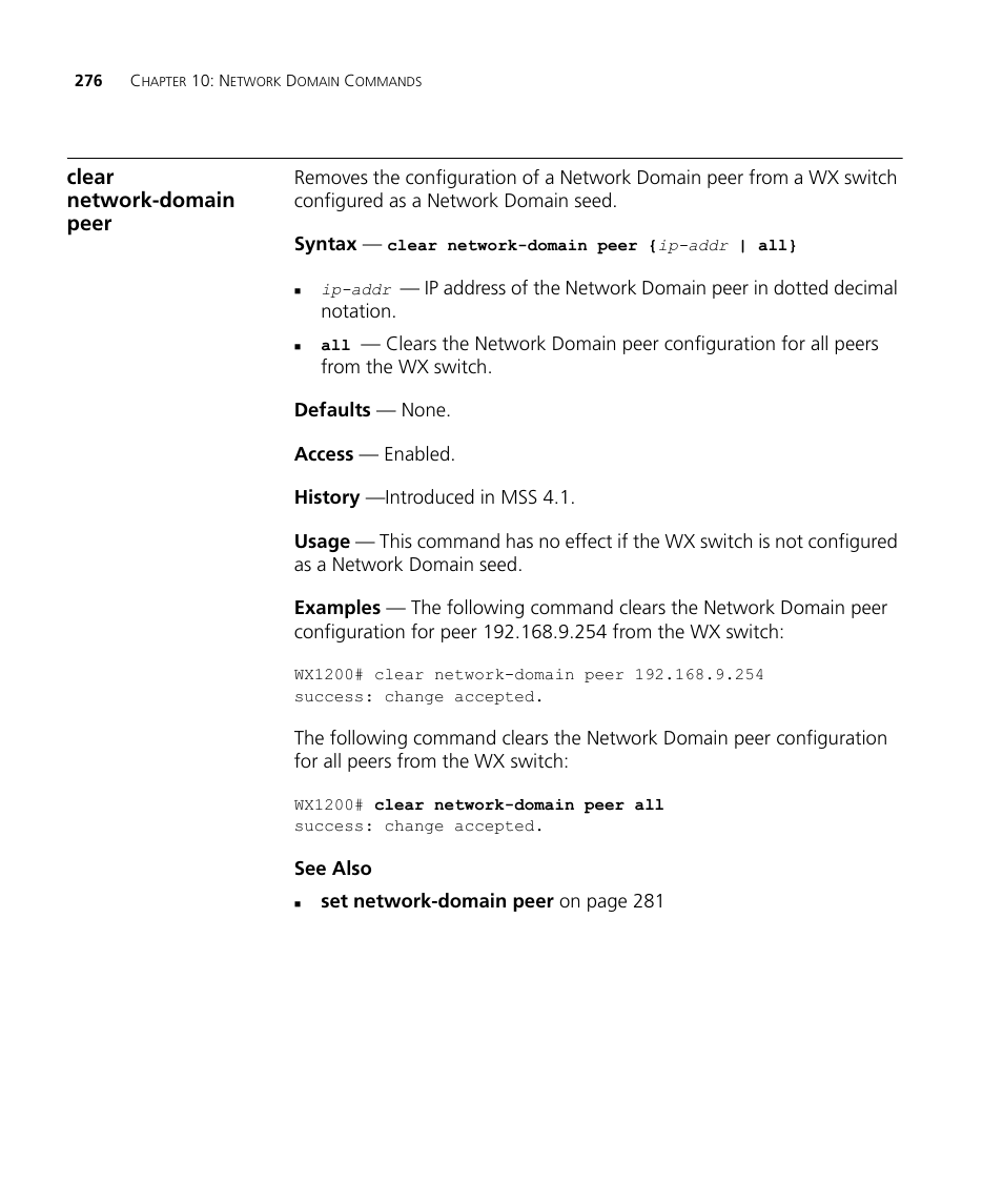 Clear network-domain peer | 3Com Wireless LAN WX1200 User Manual | Page 276 / 646